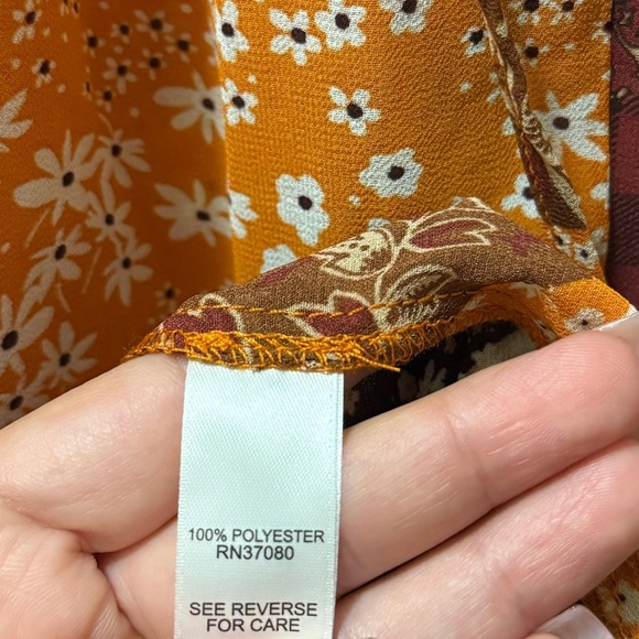 Cato Patchwork Long Sleeve Blouse Boho Floral Top Shirt Fall Orange Brown - Picture 5 of 5